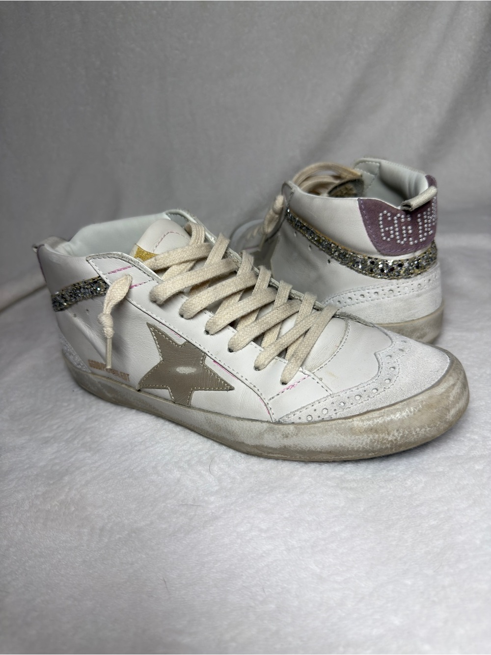 Golden Goose MIDSTAR White Leather High-Tops with Silver Star and Purple Heel